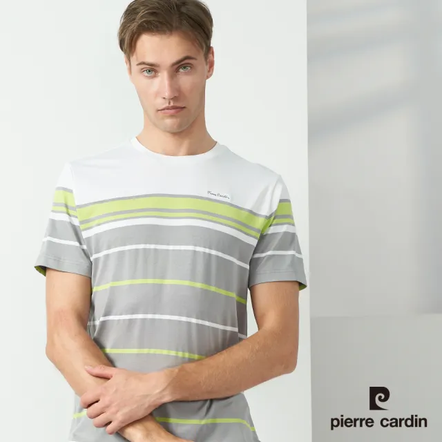 【pierre cardin 皮爾卡登】商務休閒 男款 橫條圓領短袖上衣-灰色(5237280-95)