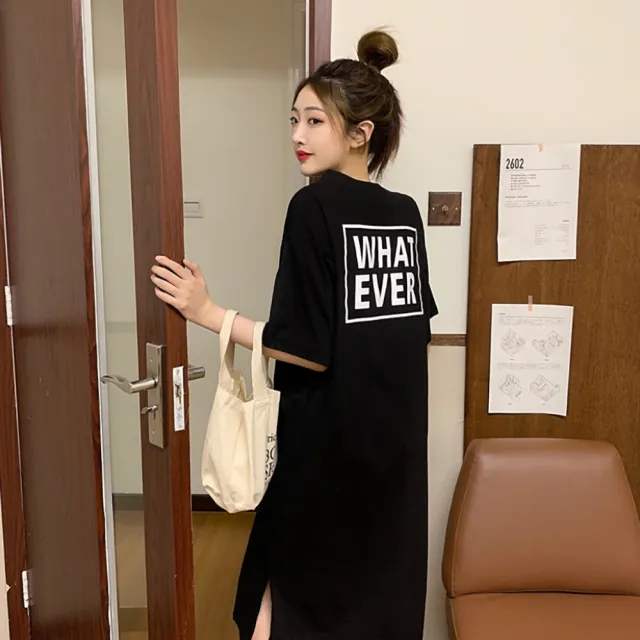【HanVo】現貨 WHAT EVER棉質長洋裝(韓版休閒寬鬆藏肉修身顯瘦連衣裙 女生衣著 A06-3641)