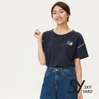 【SKY YARD】網路獨賣款-童趣色塊插畫印圖寬版圓領造型上衣(藍色)