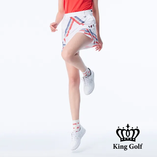 【KING GOLF】速達-網路獨賣款-女款紅藍線條印花立體刺繡綴飾荷葉A字素面運動短裙(白色)