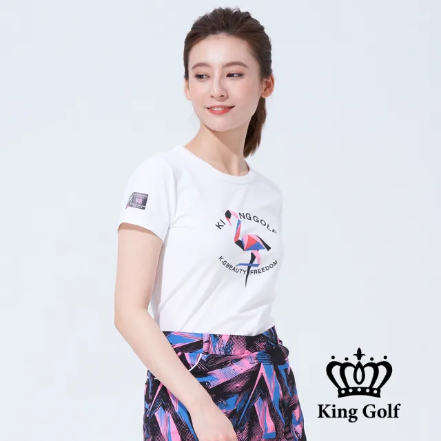 【KING GOLF】速達-網路獨賣款-女款趣味火鶴印圖造型上衣(白色)