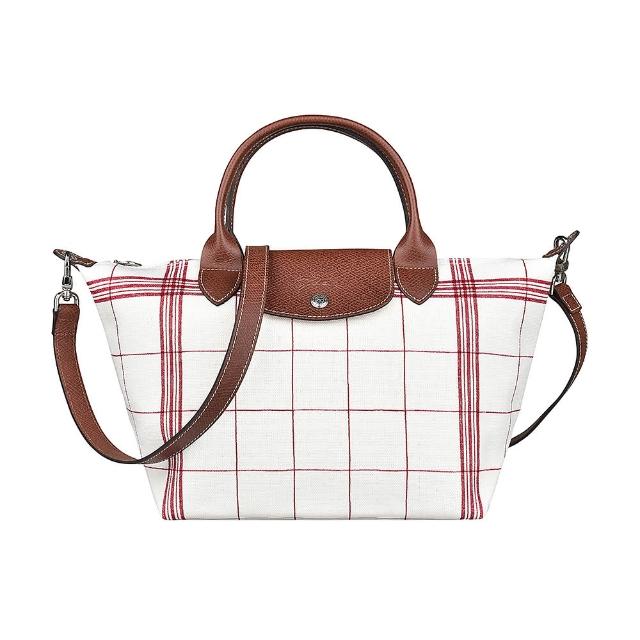 【LONGCHAMP】LONGCHAMP LE PLIAGE TORCHON壓印LOGO格紋設計棉布短把拉鍊斜背包(白x紅)