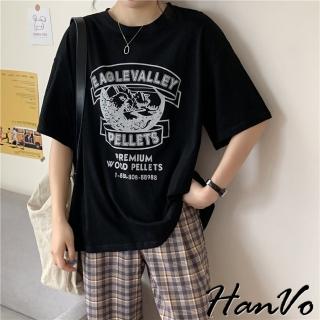 【HanVo】現貨 EAGLE VALLEY圖騰印花百搭T恤(韓版短袖上衣 舒服寬鬆必備單品 女生衣著 A01-1477)