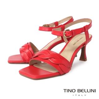 【TINO BELLINI 貝里尼】巴西進口牛皮優雅弧線繫踝高跟涼鞋FSLT020(安可拉紅)