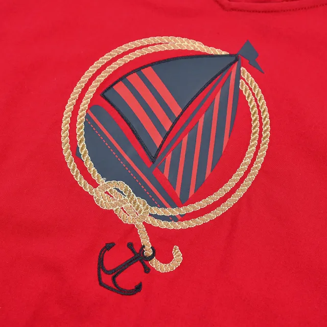 【ILEY 伊蕾】航海船錨刺繡連袖V領純棉上衣(紅色；M-XL；1232061214)