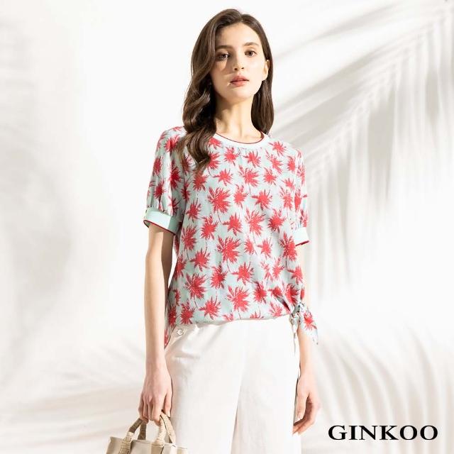 【GINKOO 俊克】熱帶羅紋印花側綁帶上衣