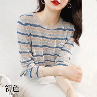 【初色】涼爽透氣條紋撞色鏤空針織圓領上衣女上衣-共2色-64251(F可選)