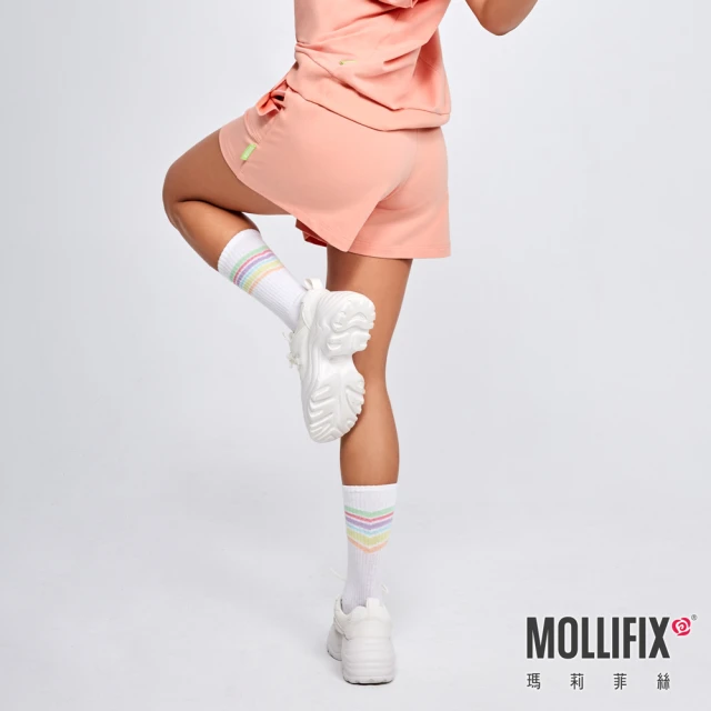 【Mollifix 瑪莉菲絲】刺繡抽繩短褲、瑜珈褲、訓練褲(珊瑚橘)