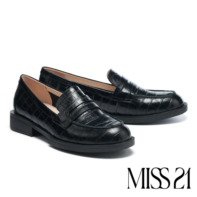 【MISS 21】個性復古純色全真皮壓紋樂福低跟鞋(黑)