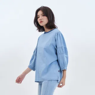 【5th STREET】女裝 短袖 短t 上衣 t恤 TEE 五分袖 異材質 泡泡袖 淺藍(570941)