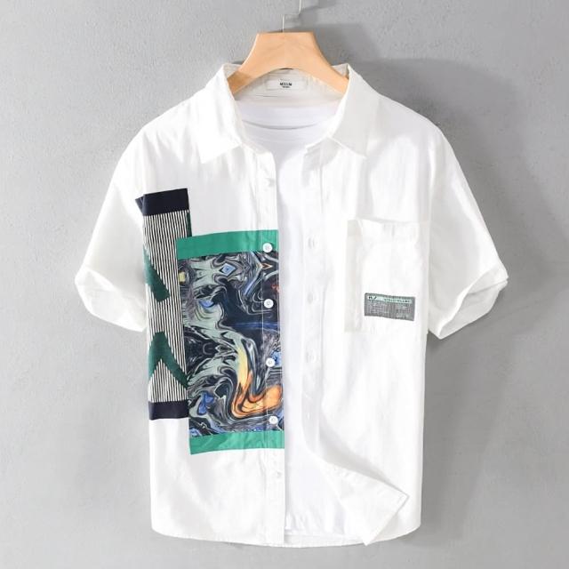 【巴黎精品】現貨+預購 襯衫短袖上衣(時尚流行印花拼接男裝2色a1bu34)