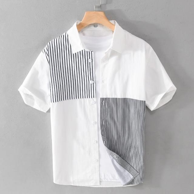 【巴黎精品】現貨+預購 襯衫短袖上衣(條紋拼接休閒簡約男裝2色a1bu46)