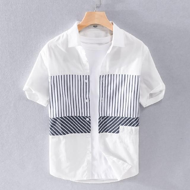 【巴黎精品】現貨+預購 襯衫短袖上衣(時尚拼接條紋薄款男裝2色a1bu28)