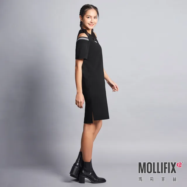 【Mollifix 瑪莉菲絲】挖肩修身長版連身裙(黑)