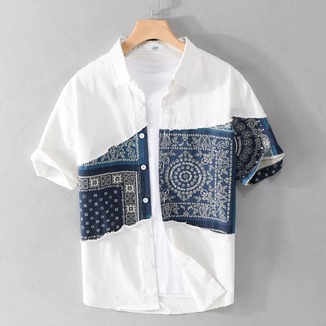 【巴黎精品】現貨+預購 襯衫短袖上衣(百搭印花拼接純棉男裝2色a1bu24)