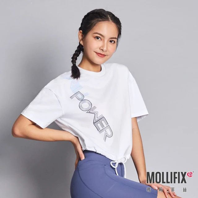 【Mollifix 瑪莉菲絲】下擺抽繩短袖T恤、瑜珈上衣、瑜珈服(白)