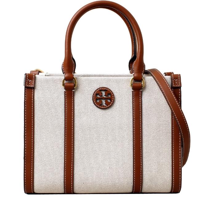 【TORY BURCH】經典縫線LOGO帆布迷你托特包(米棕色)