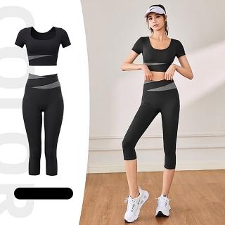 【米蘭精品】現貨+預購 瑜珈服套裝短袖運動服運動上衣休閒女裝瑜伽服(附胸墊高彈力七分褲休閒服6色74ek21)