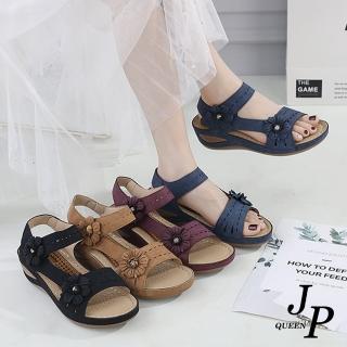 【JP Queen New York】雛菊小花夏季透氣舒適大尺碼坡跟涼鞋(4色可選)