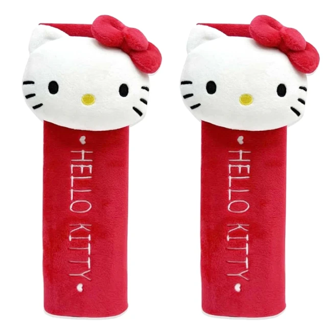 小禮堂 Hello Kitty 車用造型絨毛安全帶護套2入組 - 紅大臉款(平輸品)