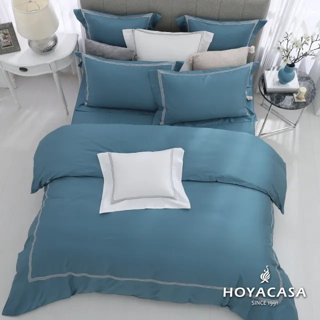 【HOYACASA】300織長絨棉刺繡被套床包組-琥珀綠(雙人-城市旅者)