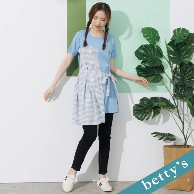【betty’s 貝蒂思】格紋拼接打摺長版上衣(藍色)
