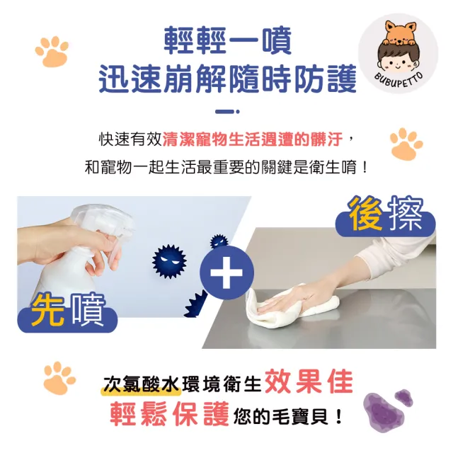 【BUBUPETTO】毛孩必備免稀釋次氯酸水500mlx1瓶(毛小孩 寵物 拖地)