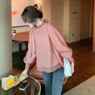【baibeauty 白鳥麗子】甜美後蝴蝶結透膚長袖上衣(雪紡衫)