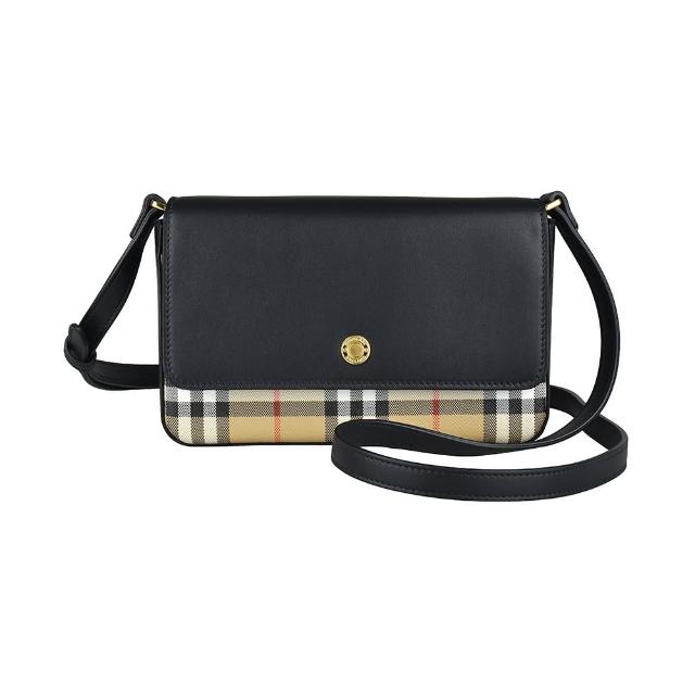 【BURBERRY 巴寶莉】BURBERRY New Hampshire金字LOGO小牛皮拼PVC磁釦式肩背/斜背包(黑x米格紋)