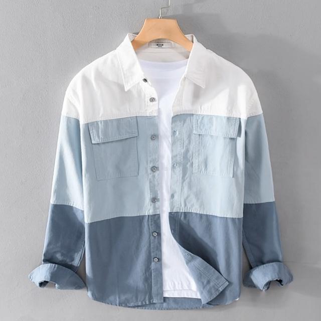 【巴黎精品】現貨+預購 襯衫長袖上衣(純棉休閒拼接翻領英倫風男裝a1bu66)