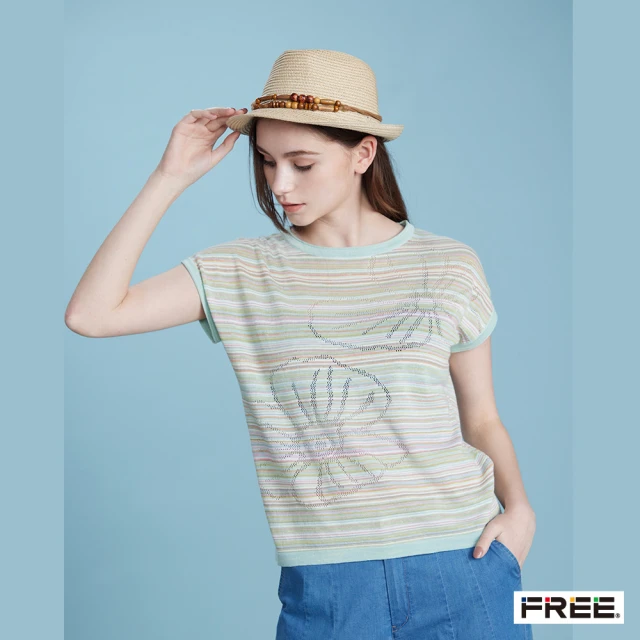 【FREE】有機棉圓領龍舌蘭大花針織衫(粉綠/暗藍)
