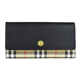 【BURBERRY 巴寶莉】BURBERRY圓形金屬LOGO牛皮拼PVC 12卡翻蓋壓釦式長夾(米格紋x黑)