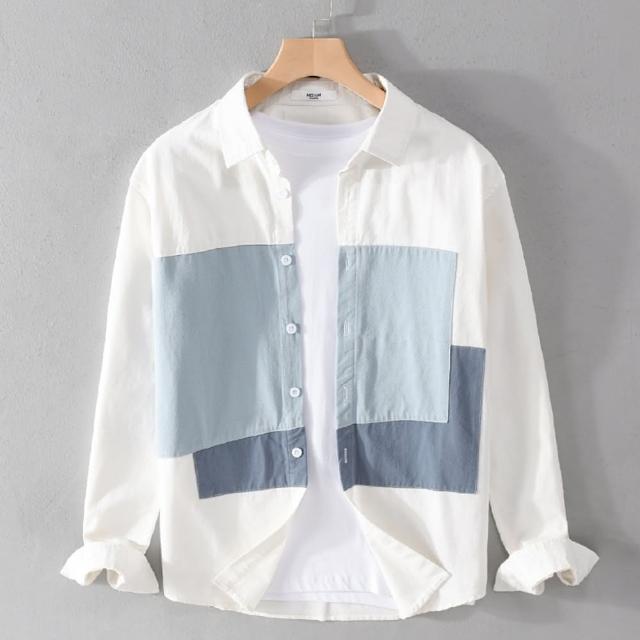 【巴黎精品】現貨+預購 襯衫長袖上衣(拼接純棉休閒舒適百搭男裝2色a1bu65)