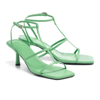 【HELENE_SPARK】摩登優雅細帶全真皮方頭高跟涼鞋(綠)