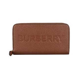 【BURBERRY 巴寶莉】BURBERRY壓印LOGO牛皮12卡拉鍊長夾(棕)