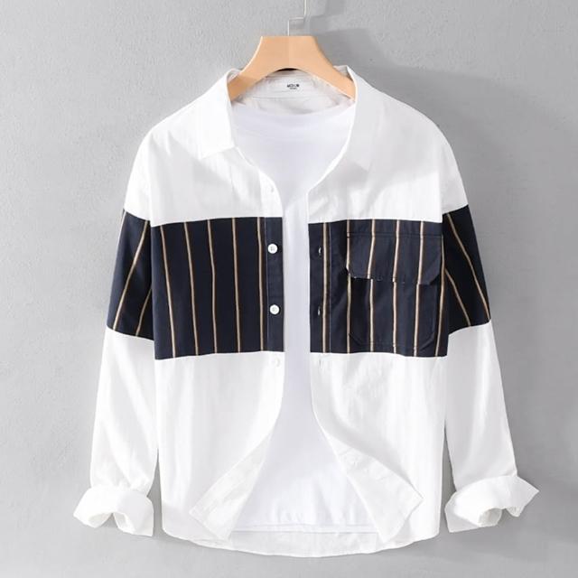【巴黎精品】現貨+預購 襯衫長袖上衣(條紋拼接撞色百搭純棉打底男裝a1bu97)