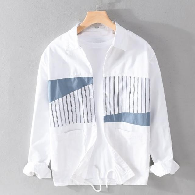 【巴黎精品】現貨+預購 襯衫長袖上衣(時尚休閒拼接條紋寬鬆男裝2色a1bu83)