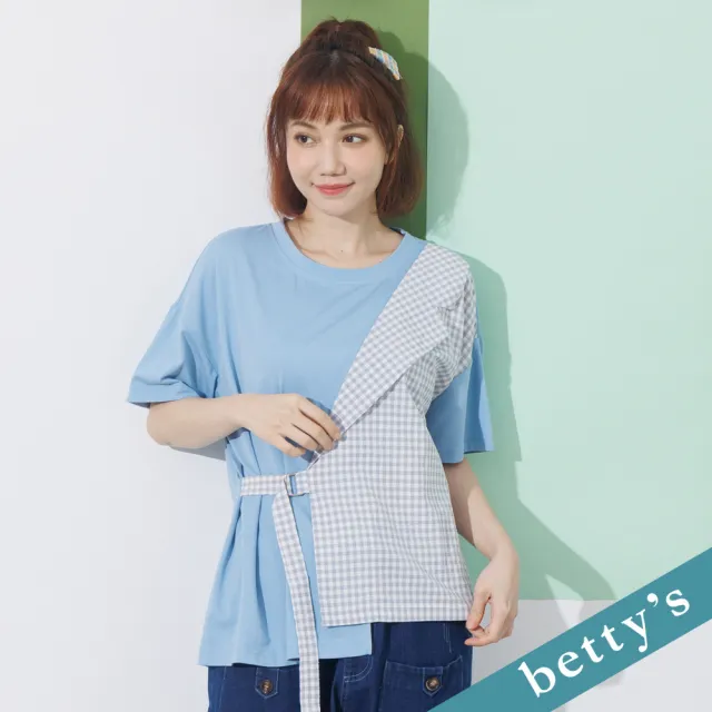 【betty’s 貝蒂思】格紋拼接綁帶寬版上衣(藍色)