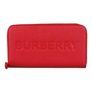 【BURBERRY 巴寶莉】BURBERRY壓印LOGO牛皮12卡拉鍊長夾(紅)