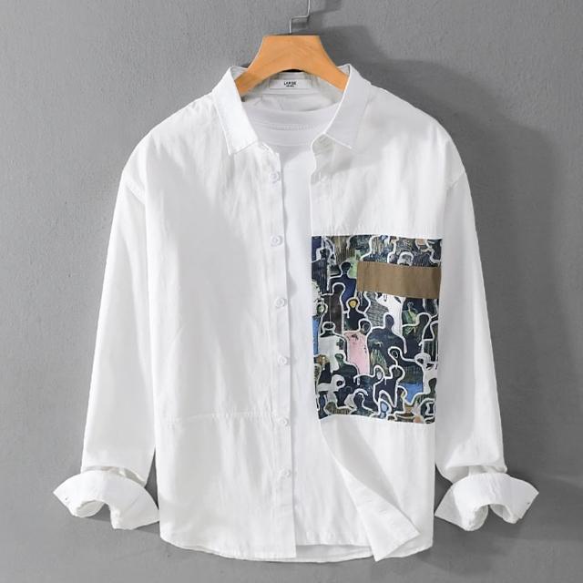 【巴黎精品】現貨+預購 襯衫長袖上衣(潮流寬鬆休閒拼接印花日系男裝2色a1bu145)