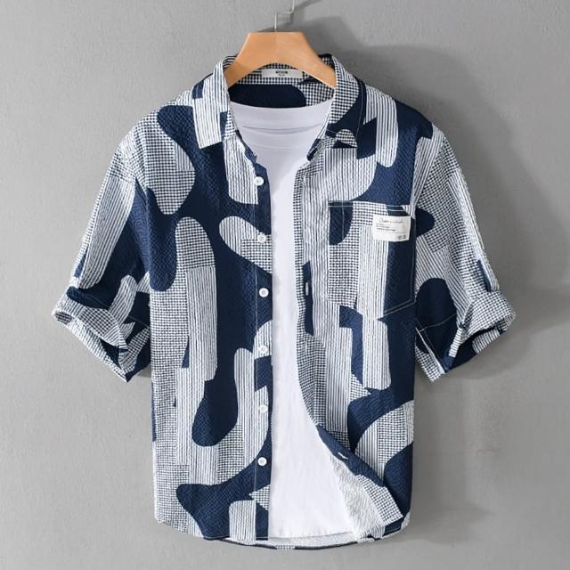 【巴黎精品】現貨+預購 襯衫短袖上衣(拼色印花潮流舒適百搭男裝2色a1bu129)