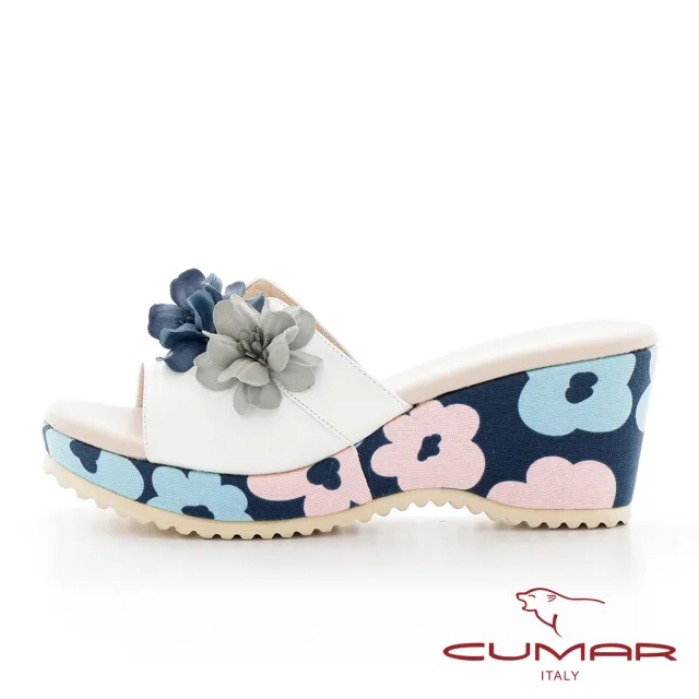 【CUMAR】立體皮革花卉楔型台涼拖鞋(白色)