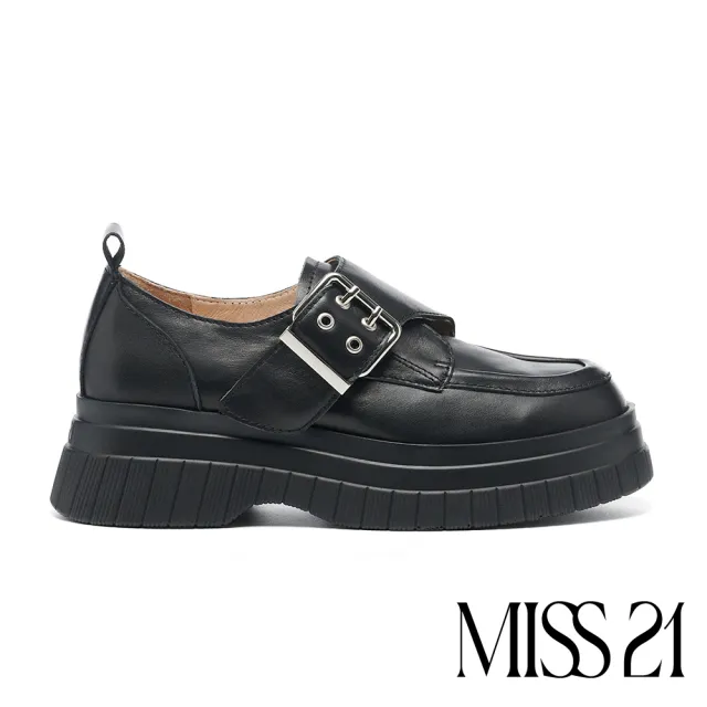 【MISS 21】跩跩極簡風銀色大方釦全真皮大頭厚底鞋(黑)