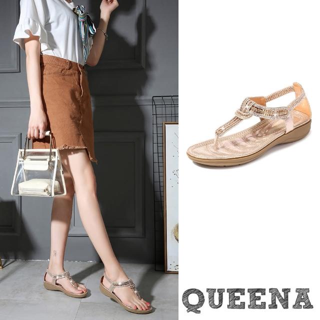 【QUEENA】坡跟涼鞋 T字涼鞋/華麗美鑽單結T字造型坡跟涼鞋(金)