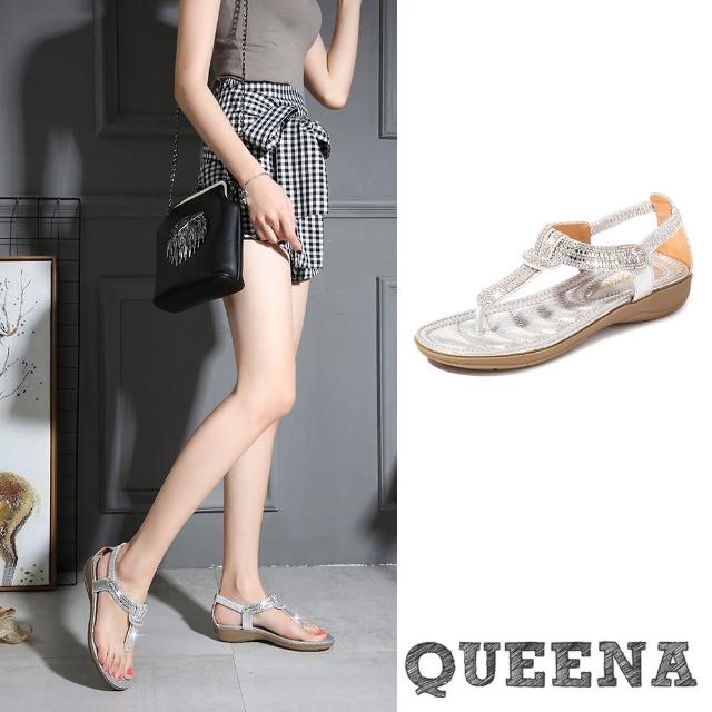 【QUEENA】坡跟涼鞋 T字涼鞋/華麗美鑽單結T字造型坡跟涼鞋(銀)