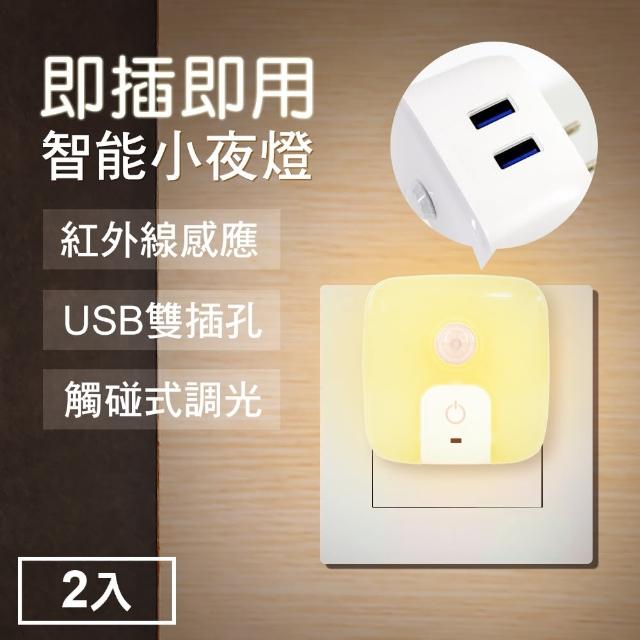 【TheLife 樂生活】嚴選 雙USB供電孔紅外線感應燈小夜燈2入-插頭式