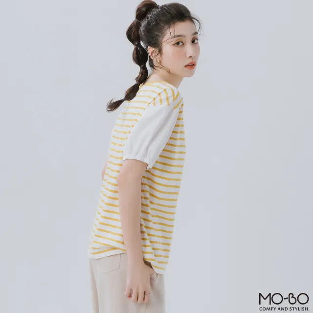 【MO-BO】MIT袖剪接條紋上衣
