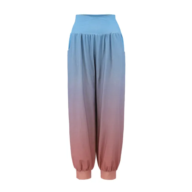 【YUANDONGLI 元動力】-O 高腰交叉漸層九分束口運動燈籠褲(藍色;S-L;4232326805)
