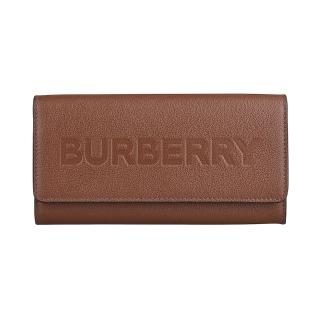 【BURBERRY 巴寶莉】BURBERRY鋼印LOGO小牛皮12卡壓釦式翻蓋長夾(棕)