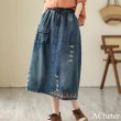 【ACheter】復古刺繡破洞牛仔半身裙鬆緊高腰顯瘦A字長裙#117663(藍)